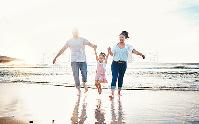 Buy stock photo Mom, dad and swing girl on beach, holiday and vacation in Florida for bonding, adventure and family together in waves. Mother, father and child at sunset in ocean, sea or playing in water for fun