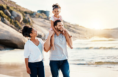 Buy stock photo Family on beach, kid on father shoulders and travel with bonding, love and walking together in nature. Vacation, ocean and happy people outdoor, parents and kid with sunshine and adventure with fun
