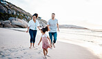 Family, running and happiness on beach, travel with mother, father and kid outdoor, fun together with games and bonding. Travel, adventure and playful, parents and child with happy people and energy