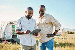 Black people, tablet and farm with chicken in agriculture together, live stock and outdoor crops. Happy men working together for farming, sustainability and growth in supply chain in the countryside