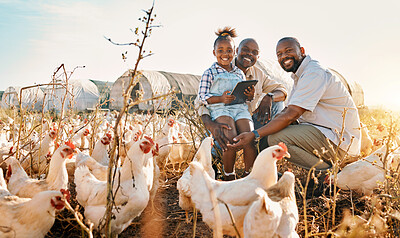 Buy stock photo Family, chicken farm and portrait in countryside with gay parents, agriculture help and kid. Happy, farming and child together with love and farmer support with bird and animal stock in field