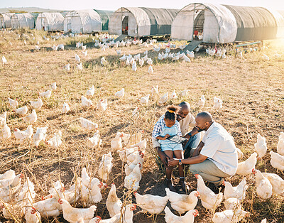 Buy stock photo Family, chicken farm and gay people in countryside with sustainability, agriculture help and kid. Gay parents, farming and child together with love and support with bird and animal stock in field