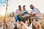 Family, chicken farm and lgbt portrait in countryside with sustainability, agriculture and kid. Gay parents, farming and child together with parent love and support with bird animal stock in field