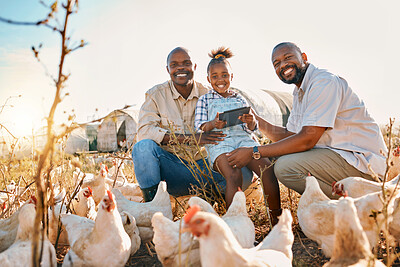 Buy stock photo Family, chicken farm and lgbt portrait in countryside with sustainability, agriculture and kid. Gay parents, farming and child together with parent love and support with bird animal stock in field