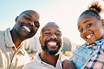 Farm, black family and portrait of parents with girl in countryside for holiday, adventure and vacation. Travel, sustainable farming and lgbtq fathers with child for bonding, relax and fun in nature