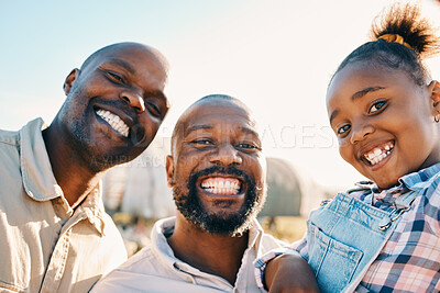 Buy stock photo Farm, black family and portrait of parents with girl in countryside for holiday, adventure and vacation. Travel, sustainable farming and lgbtq fathers with child for bonding, relax and fun in nature