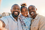 Agriculture, black family and selfie of parents with girl in countryside for holiday, adventure or vacation. Travel, farm and portrait of lgbtq fathers with child for bonding, relax and fun in nature