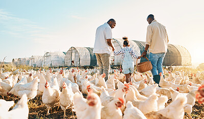 Buy stock photo Happy, gay couple and holding hands with black family on chicken farm for agriculture, environment and bonding. Relax, lgbtq and love with men and child on countryside field for eggs, care or animals