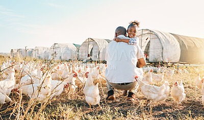 Buy stock photo Chicken, farming and black family hug with birds outdoor for sustainability and agriculture. Dad, child and working together on farm field and countryside with support and care for animal livestock