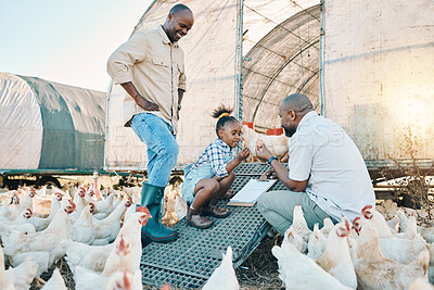 Buy stock photo Egg, checklist and chicken with black family on farm for agriculture, environment and bonding. Relax, monitor and love with men and child farmer on countryside field for health, care and animals