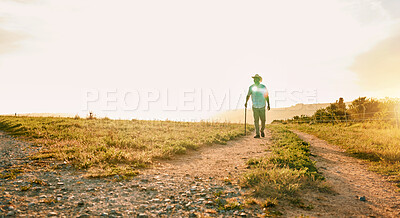 Buy stock photo Sun flare, farm and man with agriculture, countryside and walking with grass field, nature and fresh air. Person, farmer and guy with growth, industry and landscape with sustainability or environment