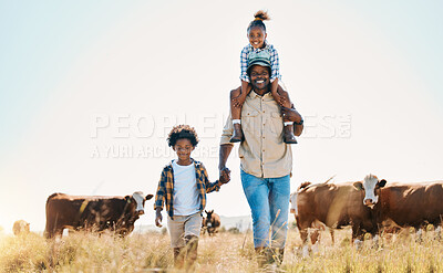 Buy stock photo Family, father and children with animals on a farm outdoor for cattle, travel and holiday. Portrait of black man and kids walking on field with smile for adventure in countryside with cows in Africa