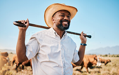 Buy stock photo Cows, thinking or happy black man on farm agriculture for livestock, sustainability and agro business in countryside. Smile, dairy production or farmer farming a cattle herd or animals on grass field
