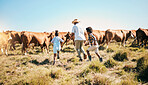 Farm, cattle and father holding hands with children in countryside for ecology, adventure and agriculture. Family, sustainable farming and dad with kids for bonding, relax and learning with animal