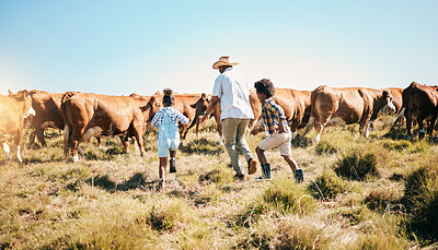 Buy stock photo Farm, cattle and father holding hands with children in countryside for ecology, adventure and agriculture. Family, sustainable farming and dad with kids for bonding, relax and learning with animal
