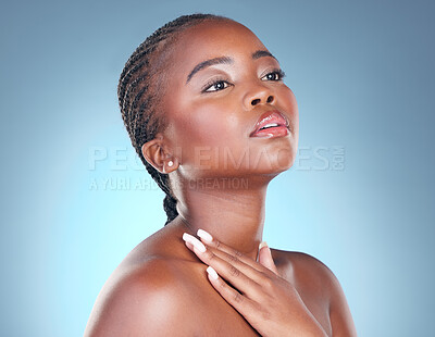 Buy stock photo Face, skin care and beauty of a black woman with dermatology, natural makeup and manicure. African person on a blue background with cosmetics and facial glow with hand for touch or nails in studio