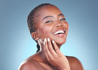 Buy stock photo Portrait of black woman for skincare, cosmetics and smile on blue background for wellness, health and spa. Facial care, dermatology and face of African person in studio with beauty, makeup and glow