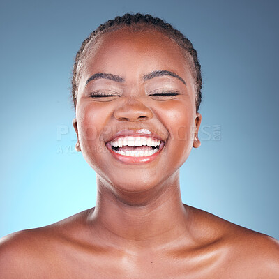 Buy stock photo Beauty, skincare facial and black woman with laughing, cosmetics and makeup in studio. Wellness, African female model and joke with blue background and skin glow with shine from dermatology treatment