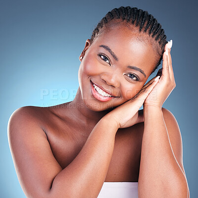 Buy stock photo Skincare, portrait and black woman with natural beauty, shine and dermatology on a blue studio background. Person, face or model with makeup, wellness and treatment with health, glow and smooth skin