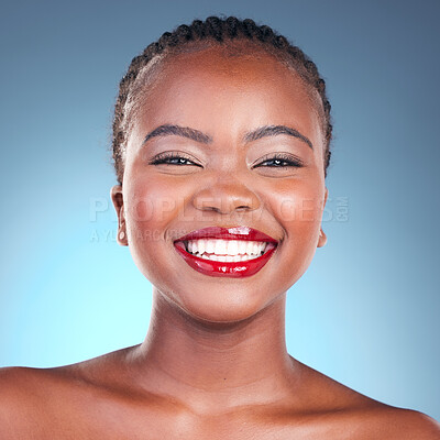 Buy stock photo Portrait, smile and black woman with natural beauty, makeup and glow on a blue studio background. Person, face and model with dermatology, aesthetic and wellness with cosmetics, shine and skincare