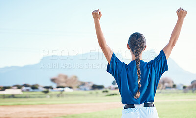 Buy stock photo Woman, fist pump and winning, softball and athlete on outdoor pitch, celebration and success with sports. Back view, baseball player and yes, fitness and achievement, cheers and competition winner