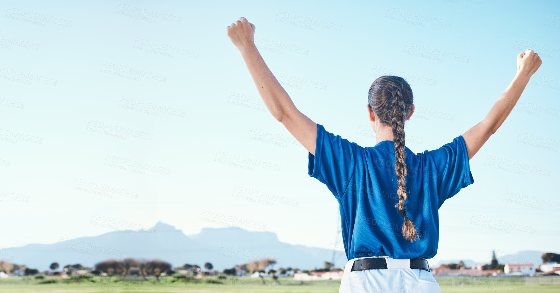 Buy stock photo Back, outdoor and woman with fitness, celebration and victory with success, mockup and champion. Person, athlete and winner with open arms, growth and progress with sports, achievement and winning
