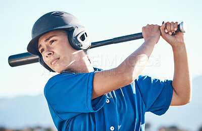 Buy stock photo Baseball, bat and swing of a person outdoor on a pitch for sports, performance and competition. Professional athlete or softball woman for swing, commitment and fitness for game, training or exercise