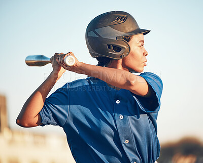 Buy stock photo Game, baseball player or black woman with a bat, exercise or training with power strike, hit or swing. Person, sports or athlete in club competition, practice match or softball with fitness or health