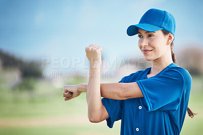 Buy stock photo Baseball, fitness and woman stretching, game and training in uniform, exercise and health. Person, softball player and athlete stretch arms, competition and warm up for match with wellness and sports