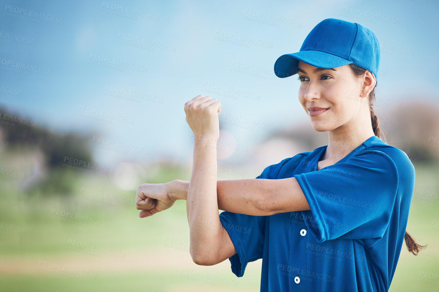 Buy stock photo Baseball, fitness and woman stretching, game and training in uniform, exercise and health. Person, softball player and athlete stretch arms, competition and warm up for match with wellness and sports