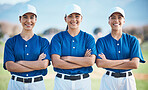 Softball, portrait and women team smile or ready for outdoor sports match, game and competition together. Proud, teamwork and players in solidarity for fitness training and workout on a field