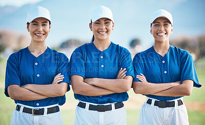 Buy stock photo Softball, portrait and women team smile or ready for outdoor sports match, game and competition group together. Proud, teamwork and players in solidarity for fitness training and workout on a field