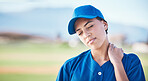 Neck pain, baseball and face of sports woman with fitness injury from competition challenge, field workout or exercise. Emergency, training accident and female player with muscle anatomy problem