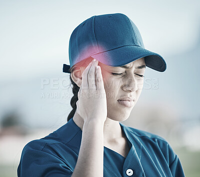 Buy stock photo Woman, baseball and headache in stress, injury or burnout from outdoor sports accident. Frustrated female person, player or athlete with migraine, tension or strain and inflammation on pitch or field