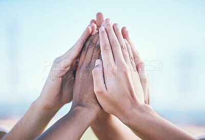 Buy stock photo Teamwork, hands and high five by people for sports, support and training goals outdoor. Fitness, match and friends fingers together for solidarity, motivation and partnership or target commitment  