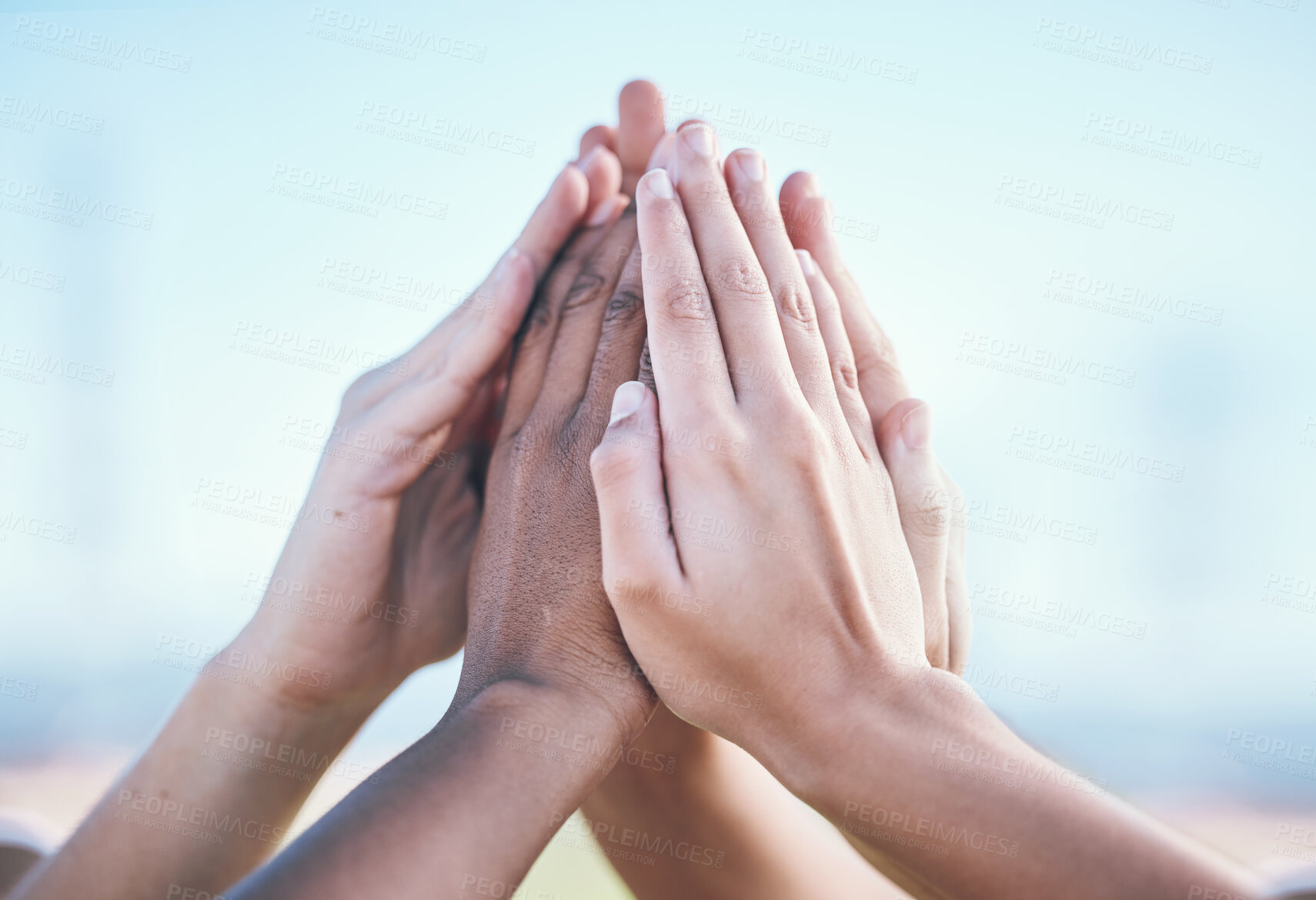 Buy stock photo Teamwork, hands and high five by people for sports, support and training goals outdoor. Fitness, match and friends fingers together for solidarity, motivation and partnership or target commitment  