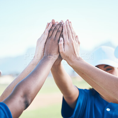 Buy stock photo Outdoor, sports and team with high five, support and motivation for a game, training or winning. Celebration, closeup or hands with gesture, group and commitment with teamwork, exercise or solidarity