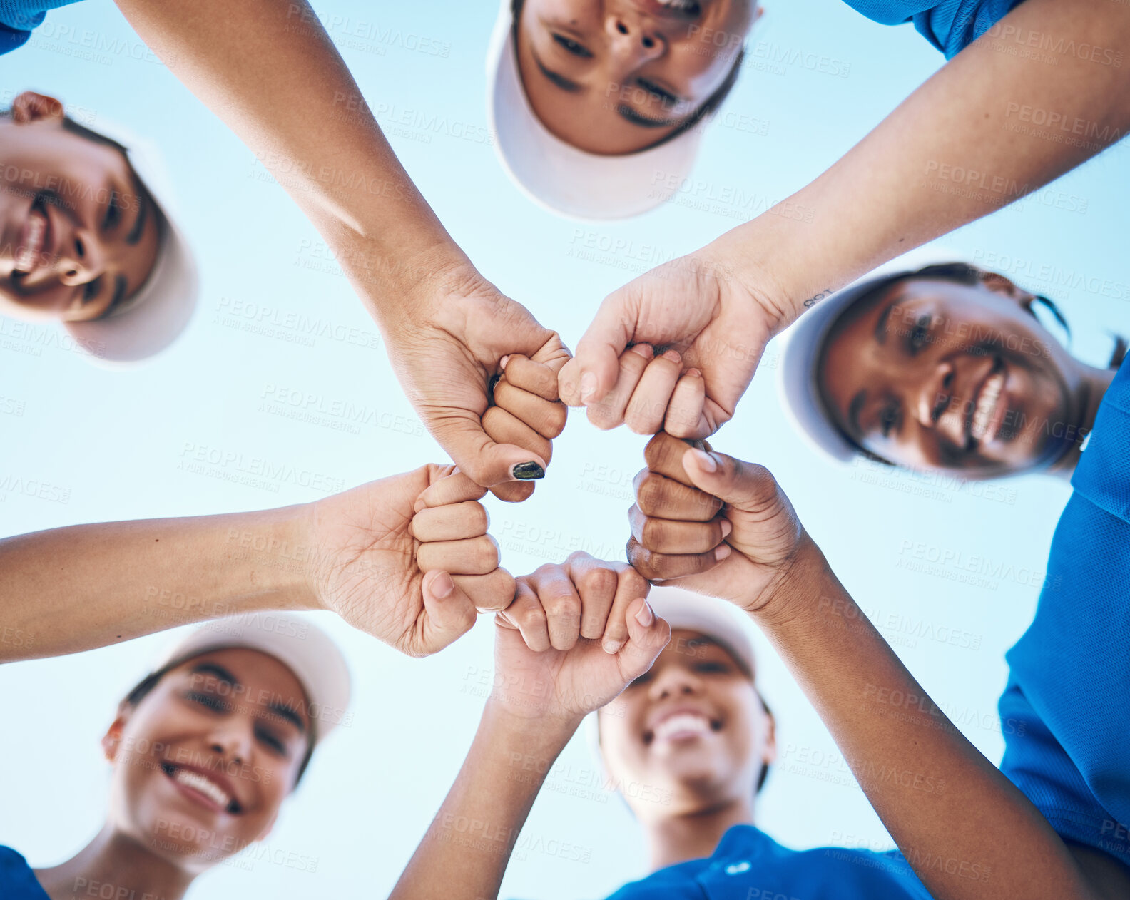 Buy stock photo Sports, fist and portrait of baseball women below for support, teamwork and goal collaboration. Fitness, face and friends hands together for softball training, commitment or team power motivation