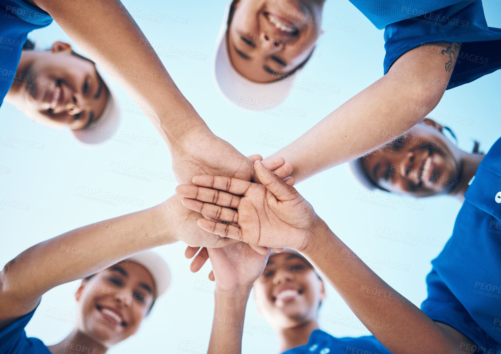 Buy stock photo Sports, hands and portrait of baseball women below for support, teamwork and goal collaboration. Fitness, face and friends palm together for softball training, commitment or motivation or celebration