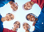 Women, team and softball, sports and huddle with fitness, professional and athlete group together in portrait. Mission, smile and support, trust and low angle, people plan baseball game and diversity