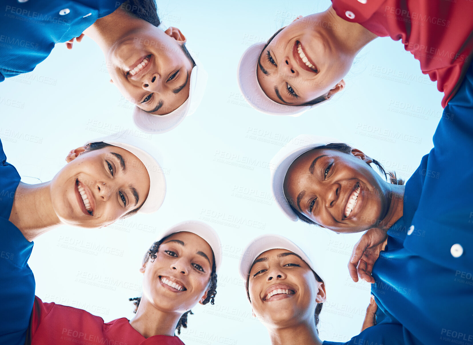 Buy stock photo Women, team and softball, sports and huddle with fitness, professional and athlete group together in portrait. Mission, smile and support, trust and low angle, people plan baseball game and diversity