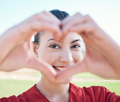 Buy stock photo Portrait, hands and woman with heart sign, support and like with emoji, social media and icon. Face, person and girl with symbol for love, shape and outdoor with care, health and gesture for romance