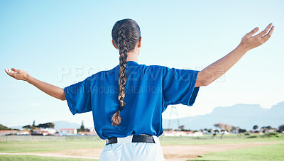 Buy stock photo Woman, arms raised and winner with cheers, softball and sports with athlete on outdoor pitch and back view. Pray, hope and freedom, celebration and exercise, baseball player and winning competition