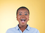 Surprise, wow or portrait of excited black woman on yellow background with smile for discount deal in studio. Happy, face or excited person shocked by sale offer, success or winning lottery jackpot