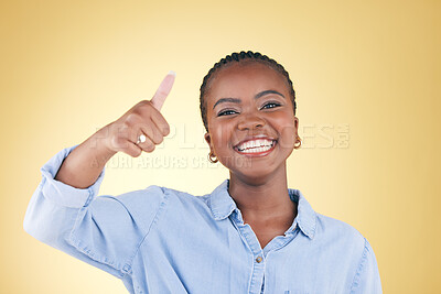 Buy stock photo Black woman, portrait and thumbs up, feedback and support with smile isolated on yellow background. Happy, agreement and hand gesture with positive review, yes and like emoji with success in a studio