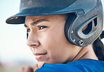 Baseball, face and a person with a helmet outdoor on pitch for sports performance or competition. Professional athlete or softball woman with commitment and fitness for game, training or exercise
