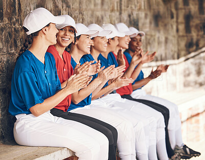 Buy stock photo Sports, baseball dugout and team applause for motivation, match winner and game praise, contest or competition support. Player achievement, success and women clapping, congratulations and teamwork