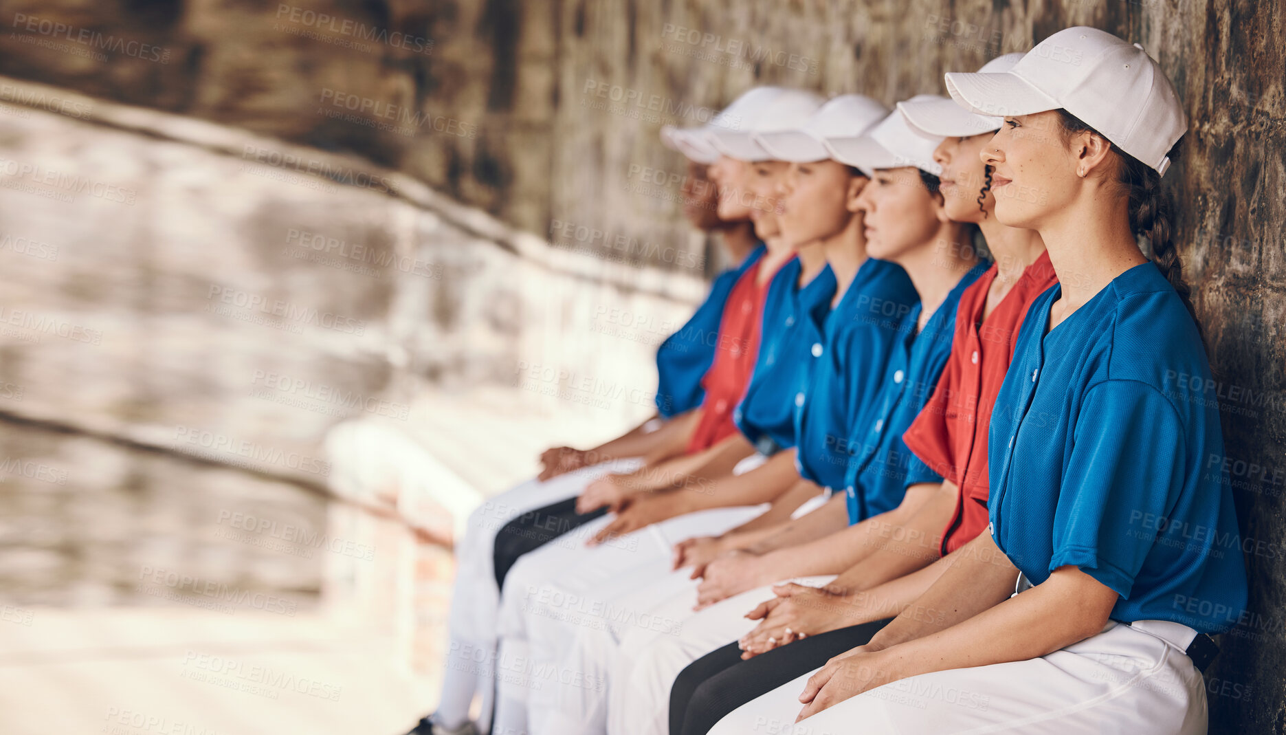 Buy stock photo Sports, baseball people and team in dugout together waiting to watch game for turn. Diversity, happy and athlete group of women for softball training or on bench for support at competition or event