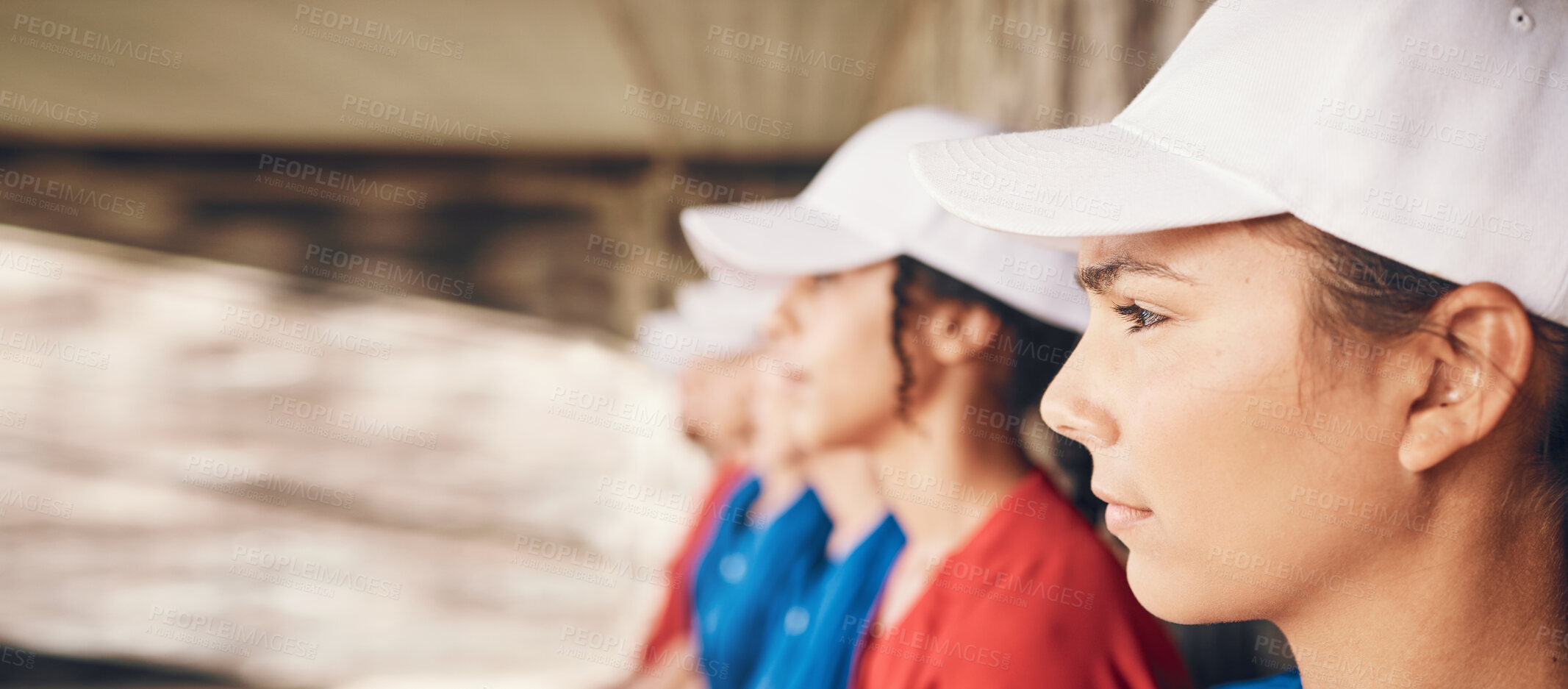 Buy stock photo Watching, team together and women for baseball, sports and sitting for a game or contest. Serious, collaboration and a group of athlete people waiting for a match to start or looking at training