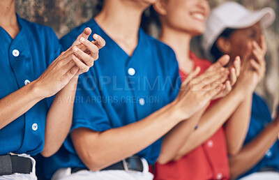 Buy stock photo Sports hands, applause and baseball team watch game, celebrate homerun and support softball player from dugout. Success achievement, winner and closeup people clapping, congratulations and teamwork